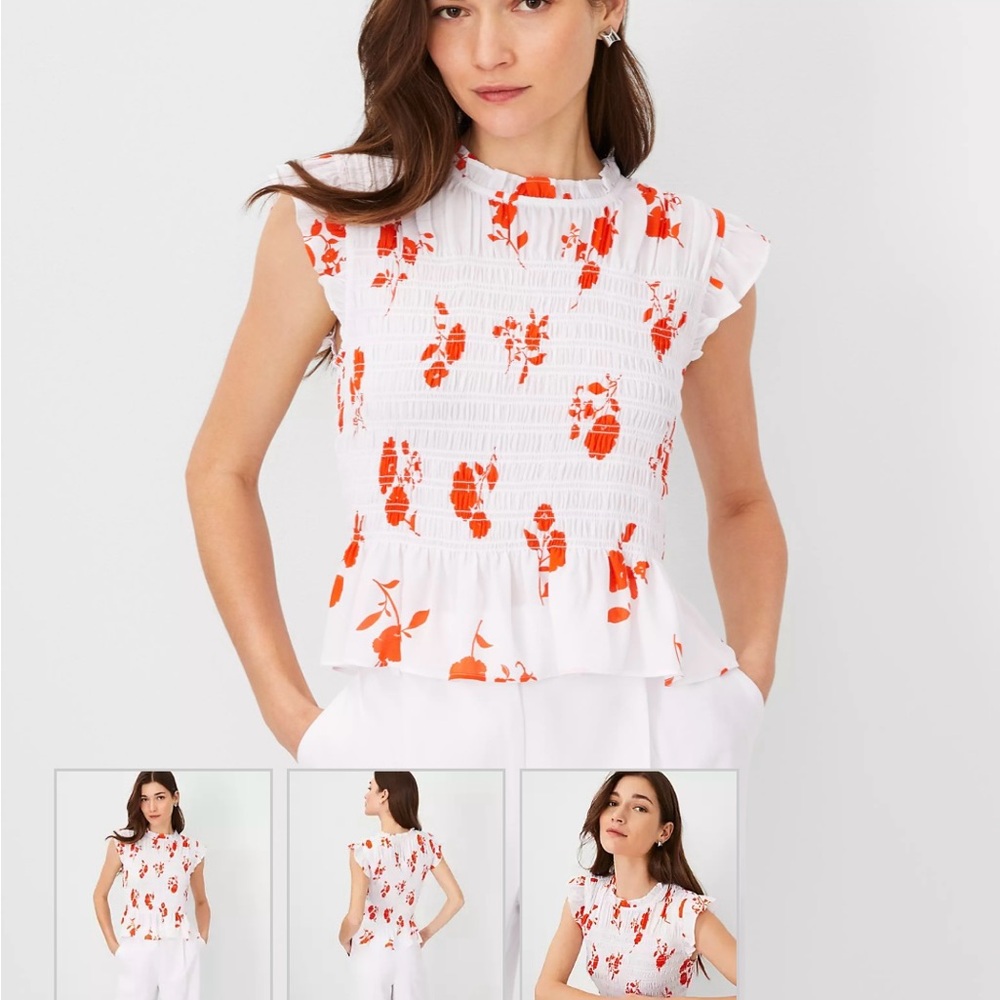 Floral Ruffle Sleeve Peplum Top - White and Orange
